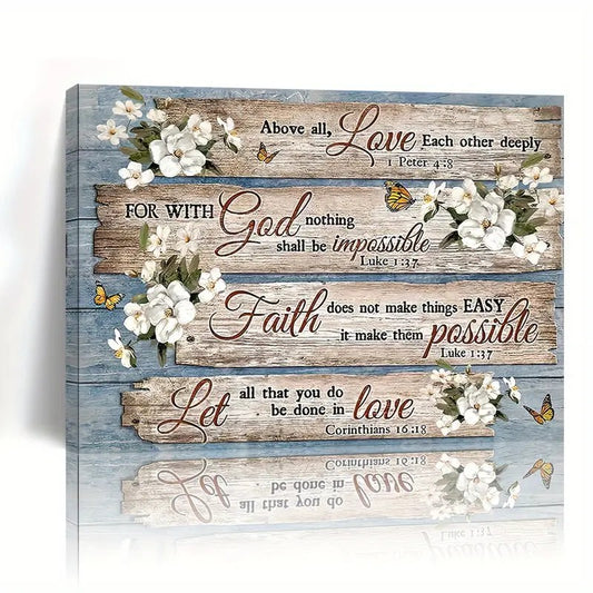 “Faith & Florals” Wood-Framed Christian Wall Art – Scripture Canvas for Elegant Home Décor