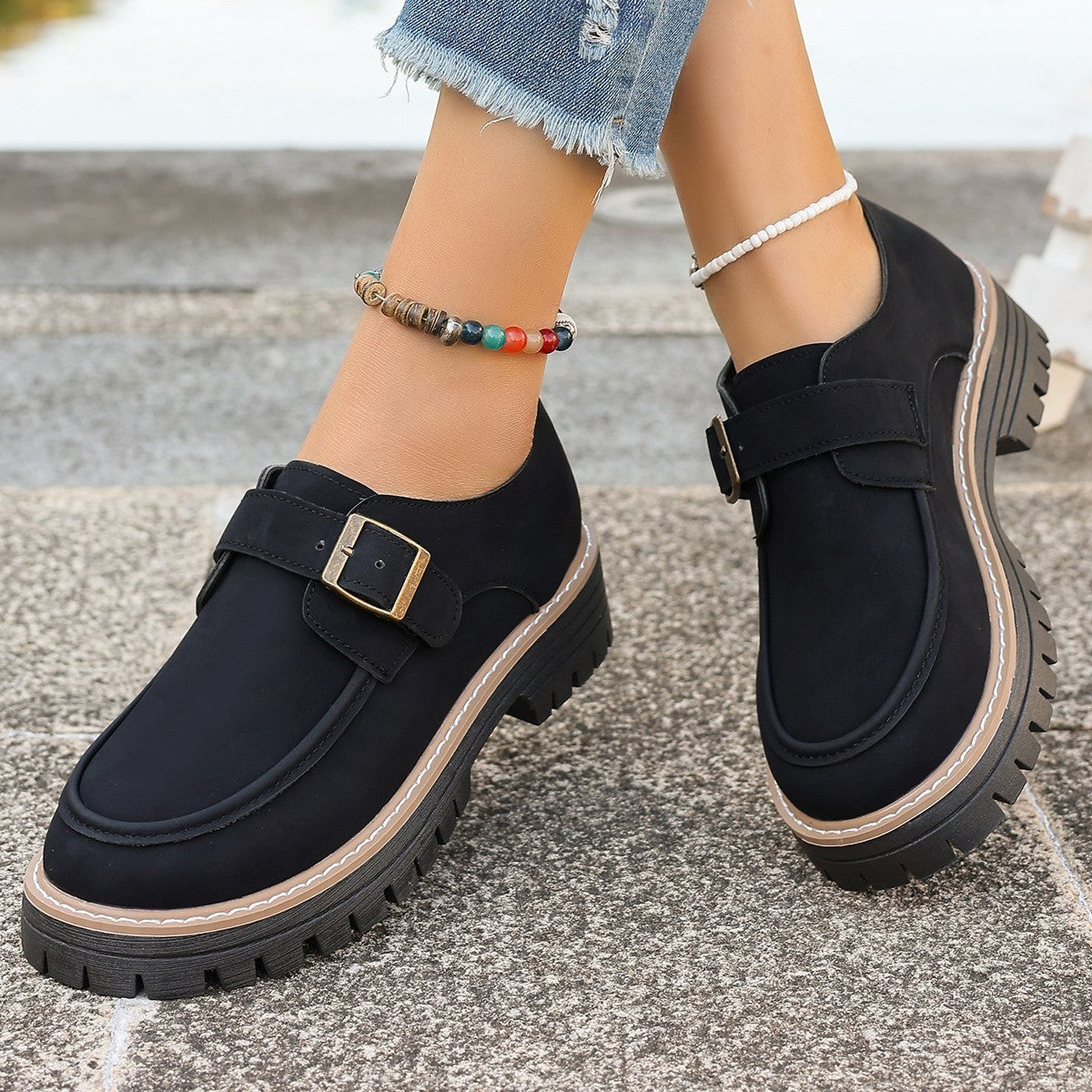 Fashion Buckle Loafers For Women British Style Height-increasing Thick-soled Casual Shoes - Trending Tina