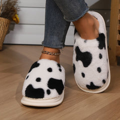 Cute Cow Spotted Plush Slippers Winter Warm Non-slip Bedroom Floor Fuzzy Slipper Couple Women House Shoes - Trending Tina