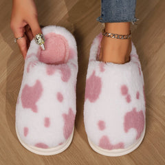 Cute Cow Spotted Plush Slippers Winter Warm Non-slip Bedroom Floor Fuzzy Slipper Couple Women House Shoes - Trending Tina