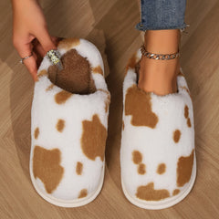 Cute Cow Spotted Plush Slippers Winter Warm Non-slip Bedroom Floor Fuzzy Slipper Couple Women House Shoes - Trending Tina