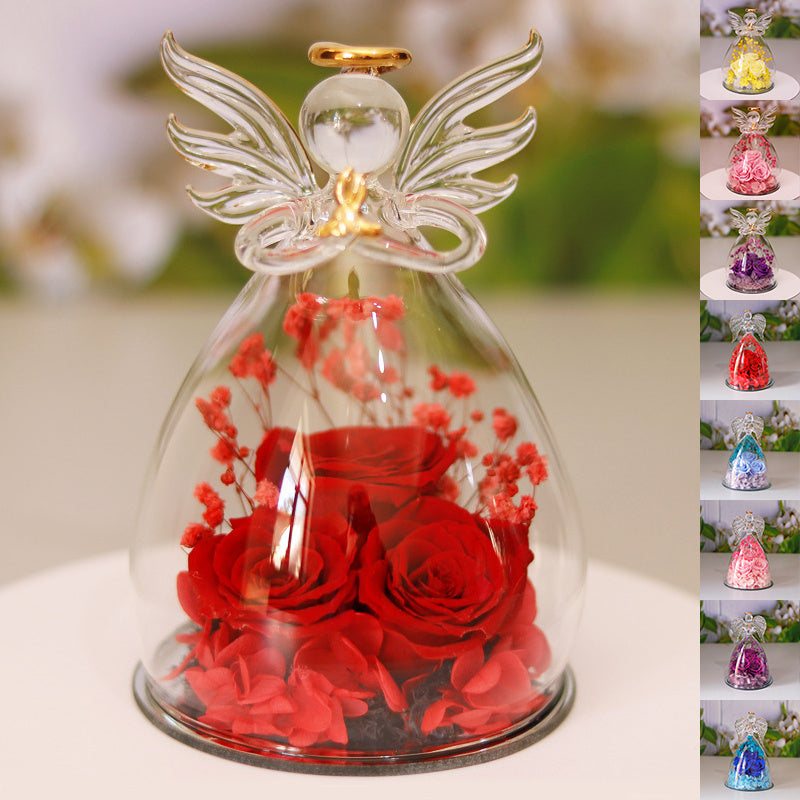 Eternal Flower Gift Box Angel Glass Cover Dried Rose Gift Box For Christmas New Year Valentine's Day Home Decor - Trending Tina