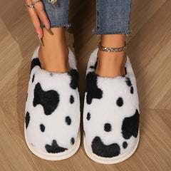 Cute Cow Spotted Plush Slippers Winter Warm Non-slip Bedroom Floor Fuzzy Slipper Couple Women House Shoes - Trending Tina