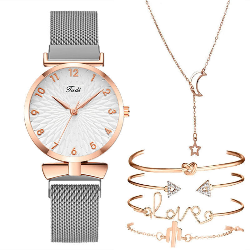 Casual Gift Set Women Disc Mesh Belt Quartz Watch Bracelet Bangle Set 6pcsset - Trending Tina