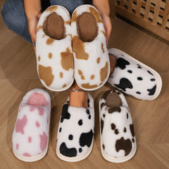 Cute Cow Spotted Plush Slippers Winter Warm Non-slip Bedroom Floor Fuzzy Slipper Couple Women House Shoes - Trending Tina