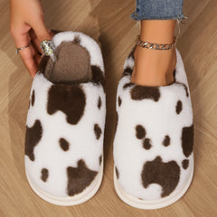 Cute Cow Spotted Plush Slippers Winter Warm Non-slip Bedroom Floor Fuzzy Slipper Couple Women House Shoes - Trending Tina