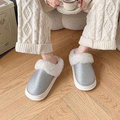 Fashion Frosted Sequined Plush Slippers Winter Warm Home Indoor Non-slip Bedroom Floor Fuzzy Slipper For Couple Women House Shoes - Trending Tina