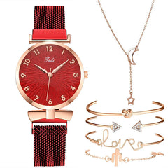 Casual Gift Set Women Disc Mesh Belt Quartz Watch Bracelet Bangle Set 6pcsset - Trending Tina