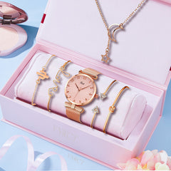 Casual Gift Set Women Disc Mesh Belt Quartz Watch Bracelet Bangle Set 6pcsset - Trending Tina