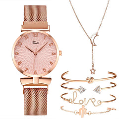 Casual Gift Set Women Disc Mesh Belt Quartz Watch Bracelet Bangle Set 6pcsset - Trending Tina