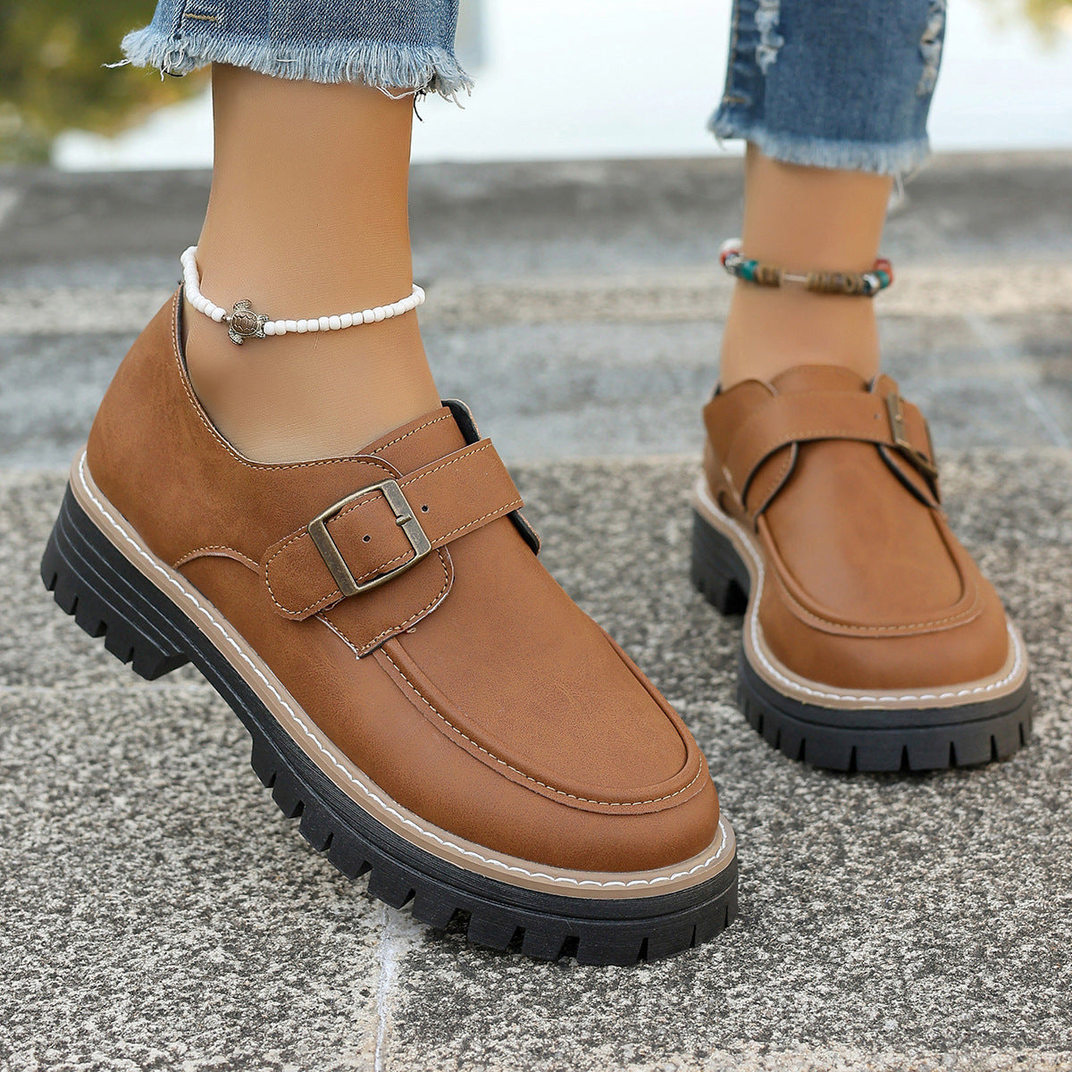 Fashion Buckle Loafers For Women British Style Height-increasing Thick-soled Casual Shoes - Trending Tina