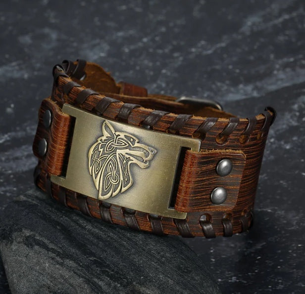 Asgard Crafted Leather Buckle Arm Cuff With Fenrir Design - Trending Tina