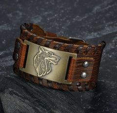 Asgard Crafted Leather Buckle Arm Cuff With Fenrir Design - Trending Tina