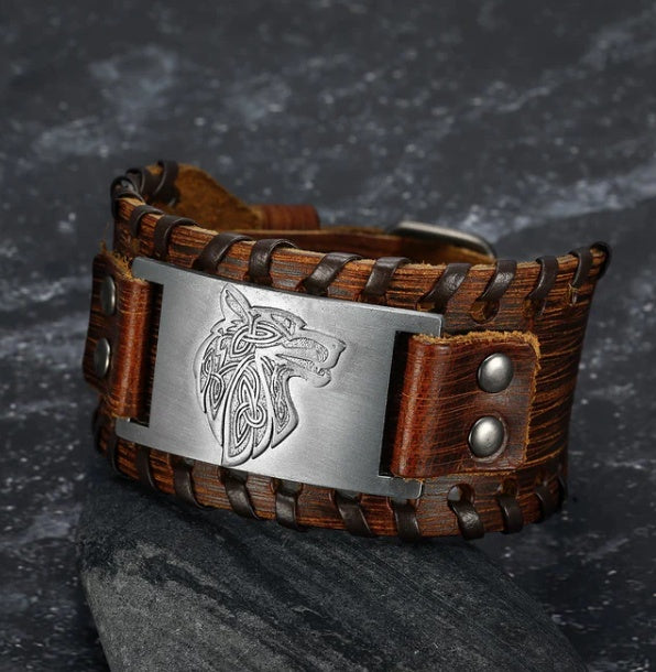 Asgard Crafted Leather Buckle Arm Cuff With Fenrir Design - Trending Tina