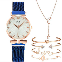 Casual Gift Set Women Disc Mesh Belt Quartz Watch Bracelet Bangle Set 6pcsset - Trending Tina