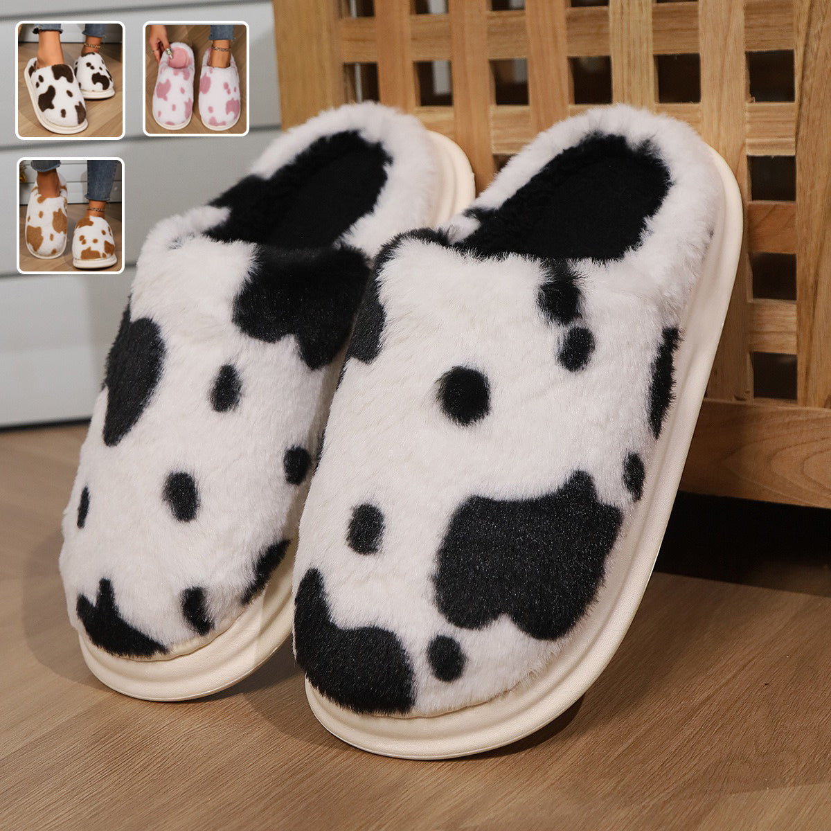 Cute Cow Spotted Plush Slippers Winter Warm Non-slip Bedroom Floor Fuzzy Slipper Couple Women House Shoes - Trending Tina