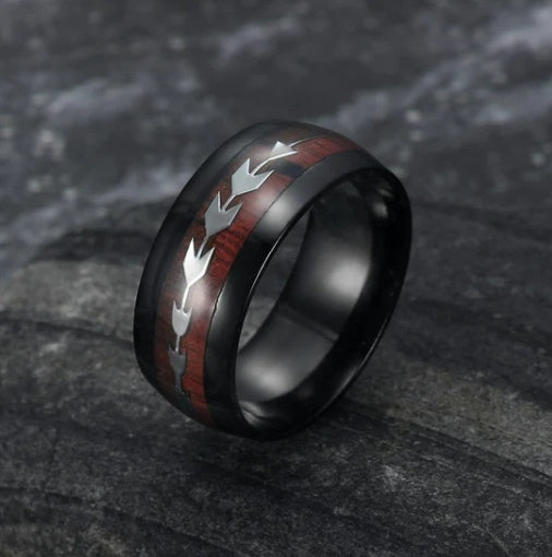 Stainless Steel Wood Grain Arrow Inlaid Ring - Trending Tina