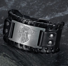 Asgard Crafted Leather Buckle Arm Cuff With Fenrir Design - Trending Tina