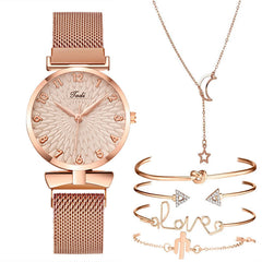 Casual Gift Set Women Disc Mesh Belt Quartz Watch Bracelet Bangle Set 6pcsset - Trending Tina