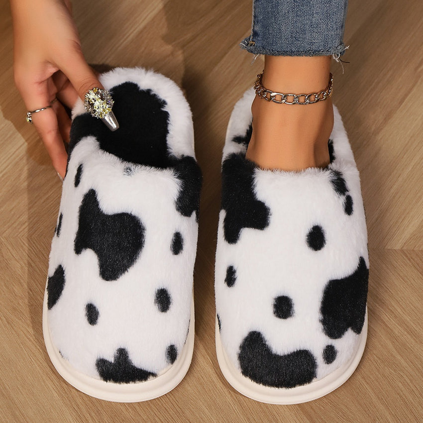 Cute Cow Spotted Plush Slippers Winter Warm Non-slip Bedroom Floor Fuzzy Slipper Couple Women House Shoes - Trending Tina