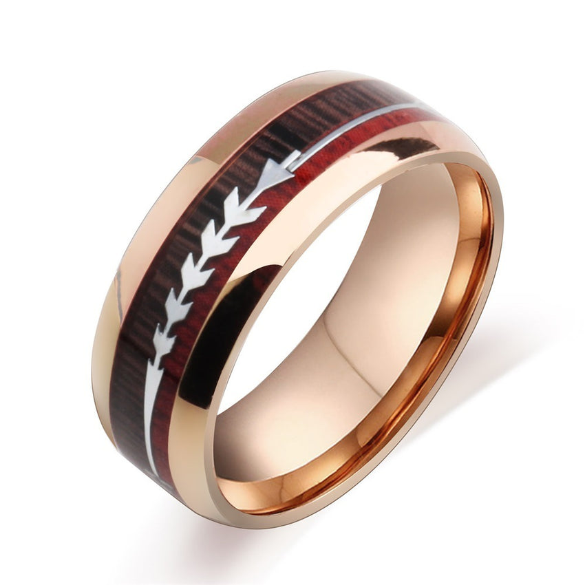 Stainless Steel Wood Grain Arrow Inlaid Ring - Trending Tina