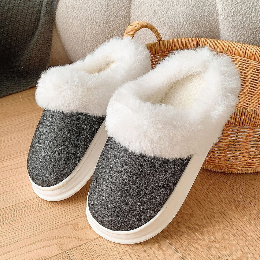 Fashion Frosted Sequined Plush Slippers Winter Warm Home Indoor Non-slip Bedroom Floor Fuzzy Slipper For Couple Women House Shoes - Trending Tina