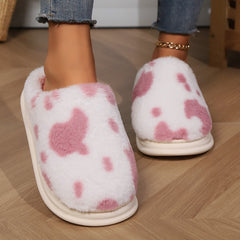 Cute Cow Spotted Plush Slippers Winter Warm Non-slip Bedroom Floor Fuzzy Slipper Couple Women House Shoes - Trending Tina